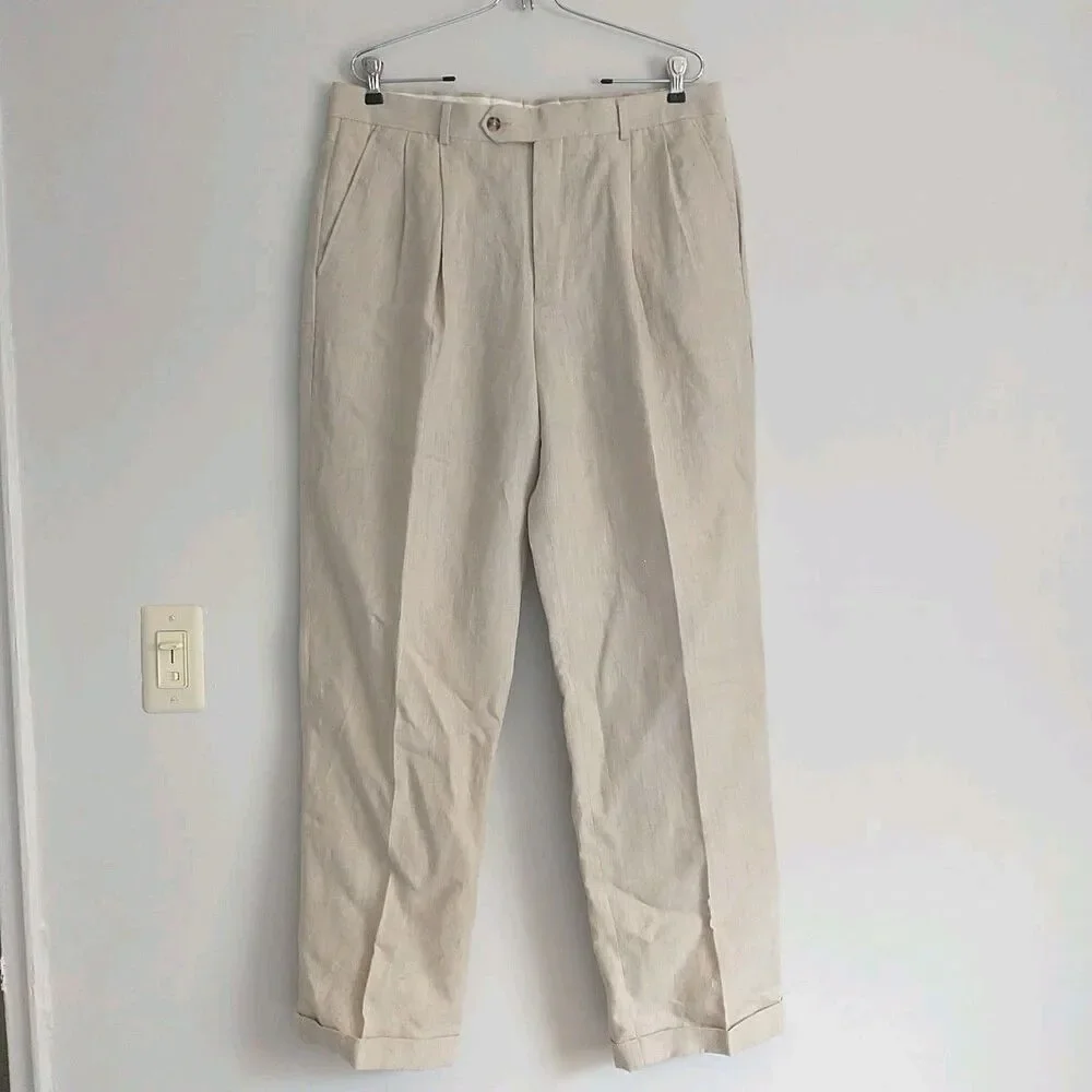 Grant Thomas Pants Trousers Mens 36x32 Beige Linen Slacks Cuffed Pleated